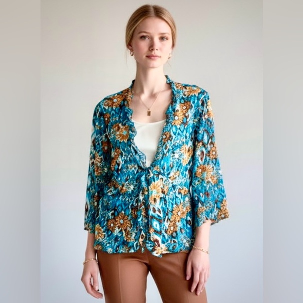 Kim Rogers Blouse M 3/4 Sleeve Semi~Sheer Ruffle Front tie Teal Brown~SKU034